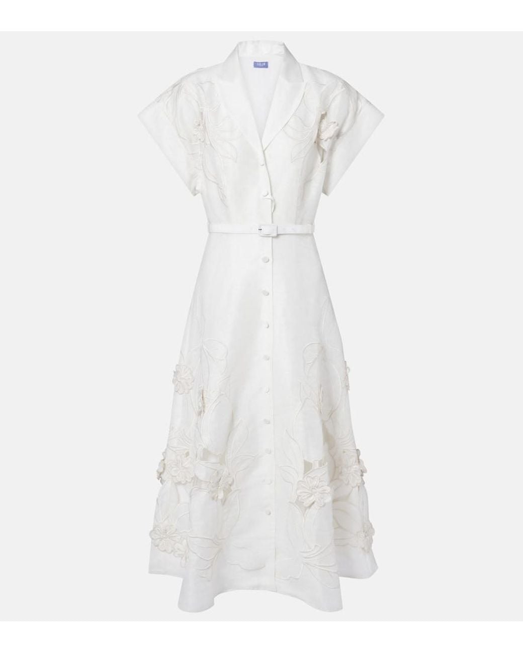LEO LIN White Aubrey Floral-Applique Linen-Blend Shirt Dress