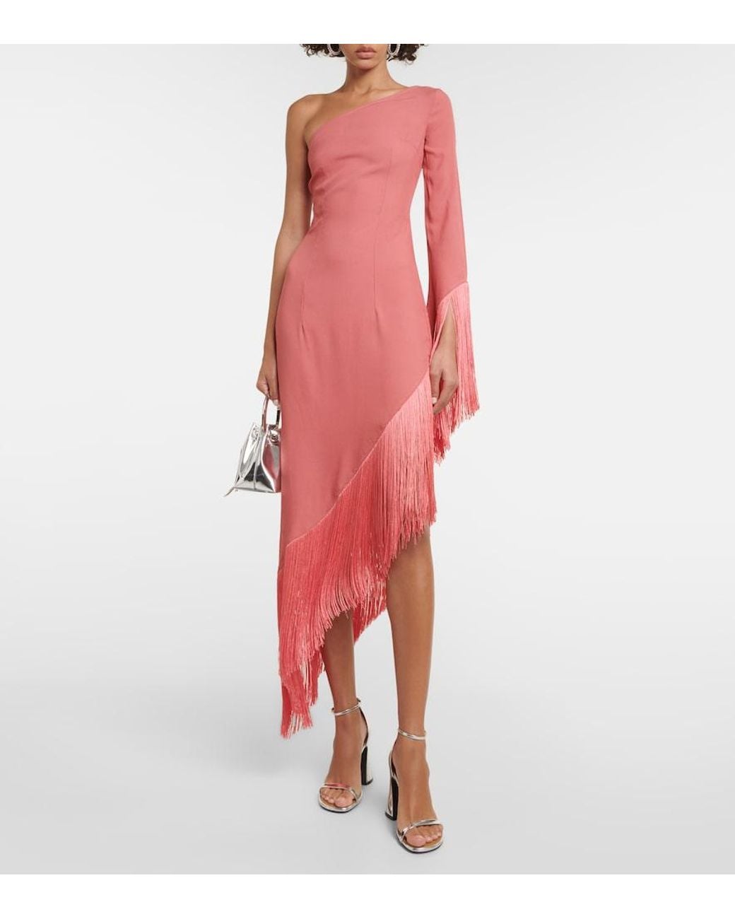 Taller Marmo Red Aventador Fringed One-Shoulder Midi Dress