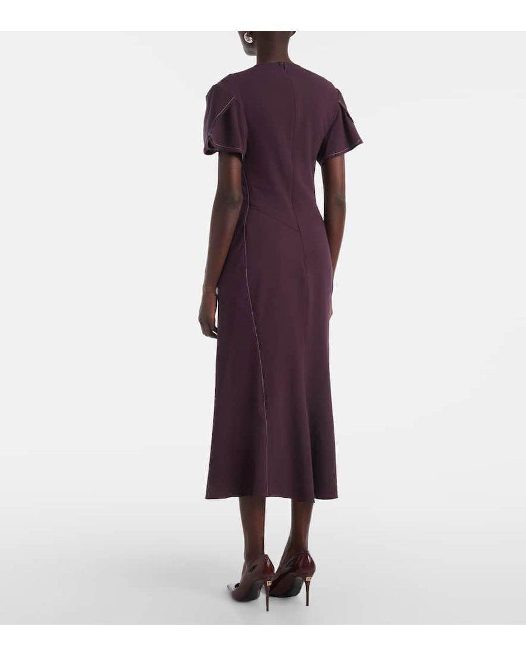 Victoria Beckham Purple Wool-Blend Gathered-Waist Midi Dress