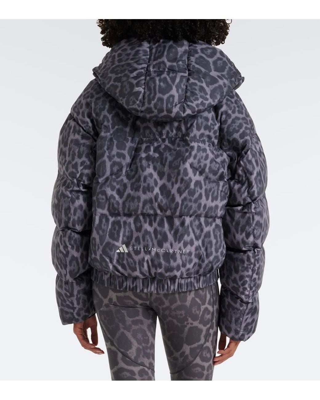 Adidas By Stella McCartney Gray Hooded Leopard-Print Puffer Jacket