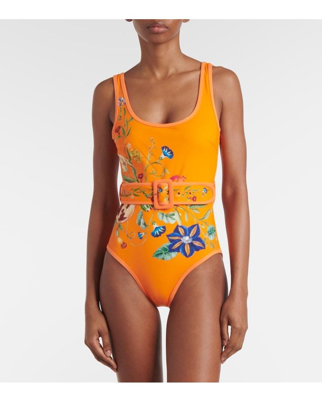 ALÉMAIS Orange Flores Printed Belted Swimsuit
