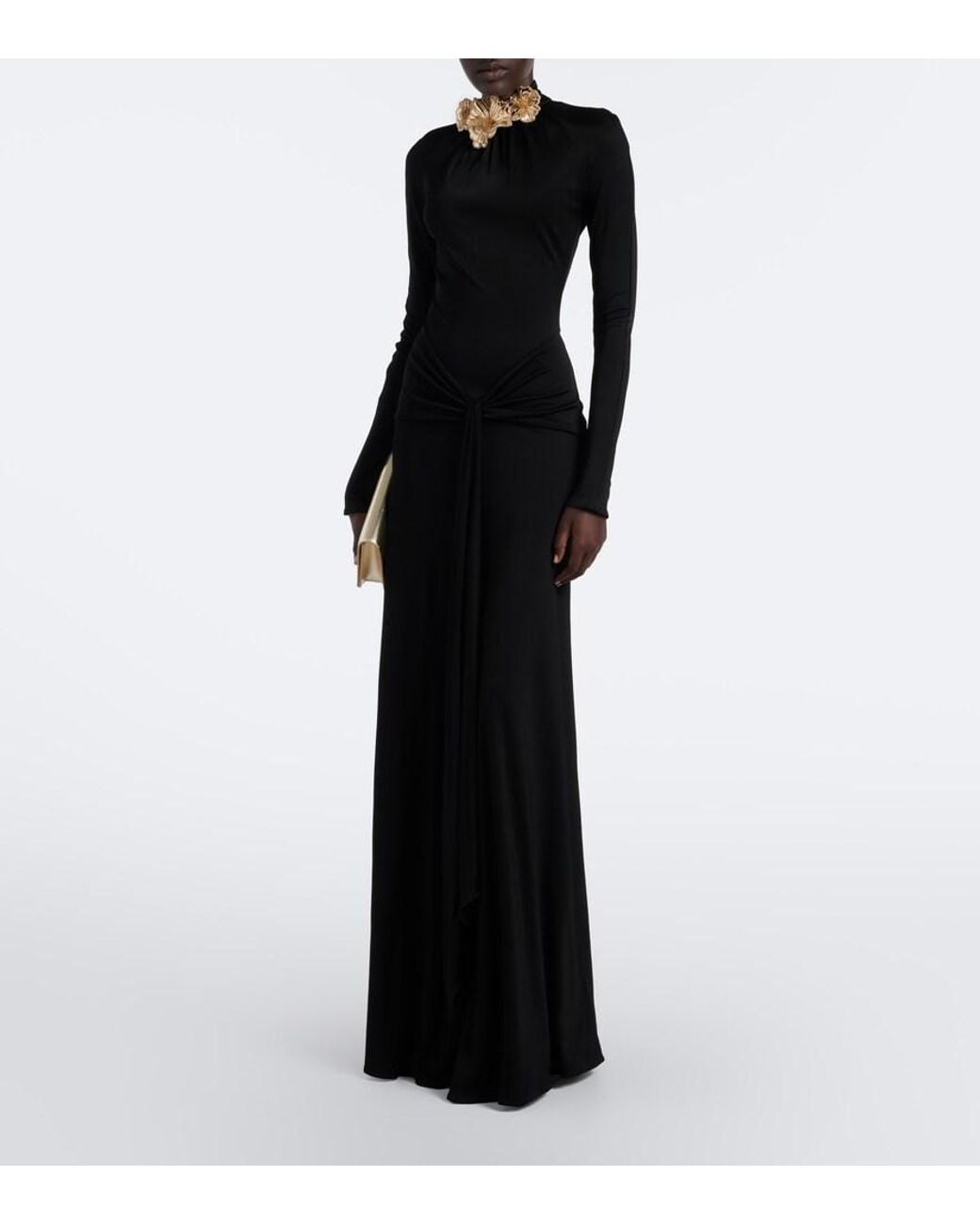David Koma Black Draped Floral-Applique Gown