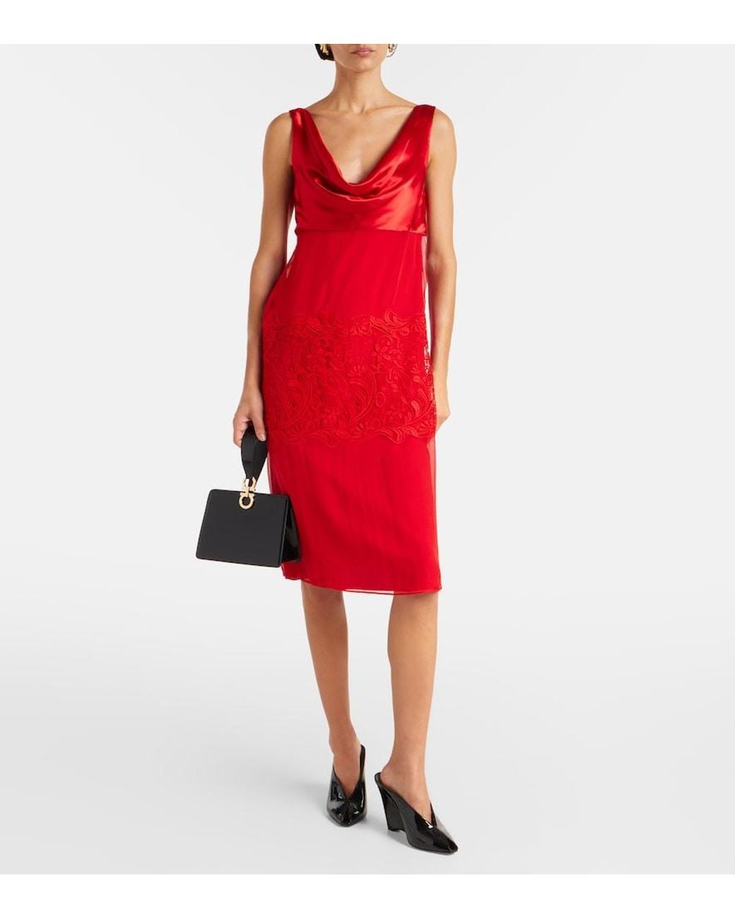 Ferragamo Red Draped Silk Midi Dress