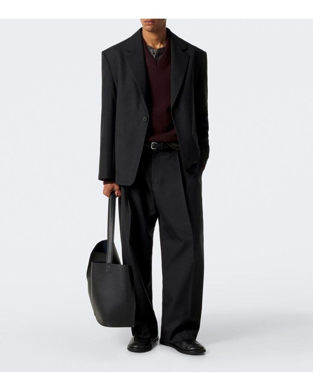 Studio Nicholson Black Pull Pleated Wool Wide-Leg Pants for men