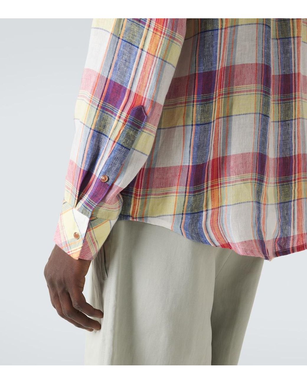 God's True Cashmere Pink Daybreak Plaid Linen Shirt With Sunstone for men