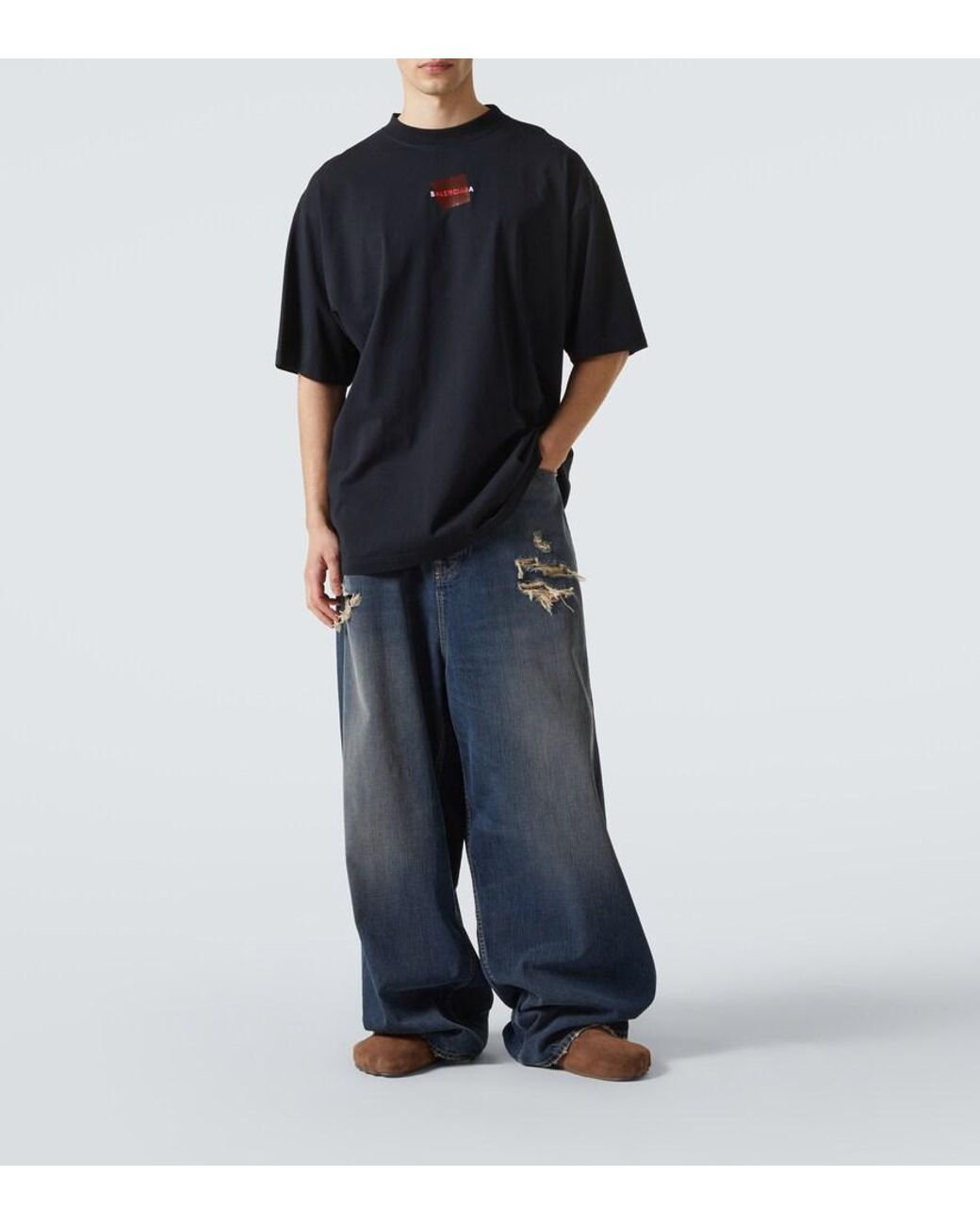 Balenciaga Blue Distressed Mid-Rise Wide-Leg Jeans for men