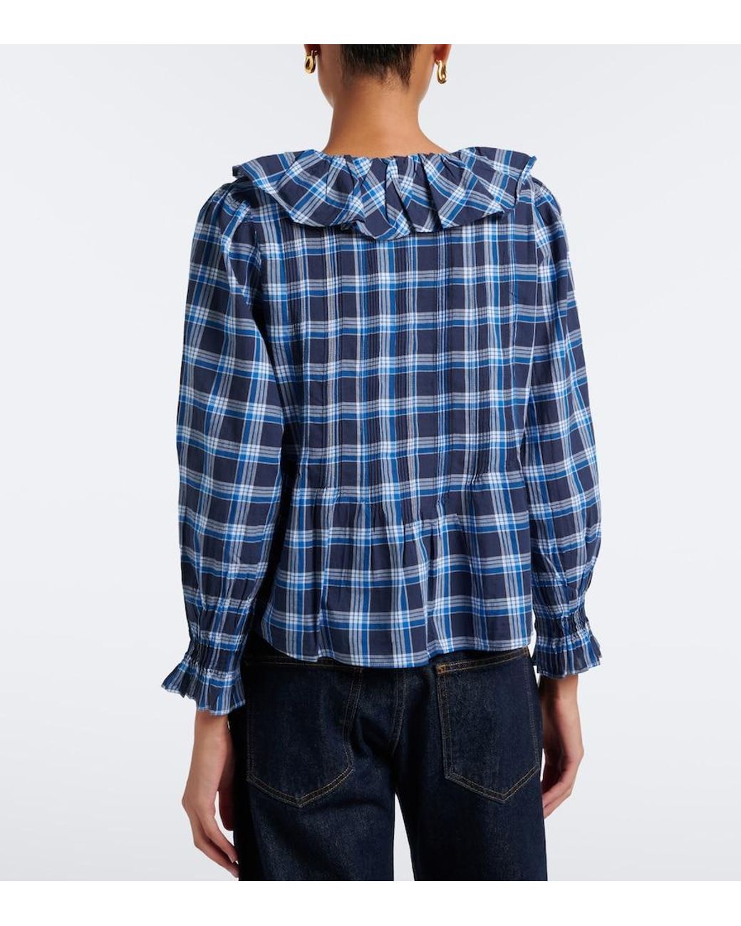 Doen Blue Hardy Plaid Ruffled Cotton Blouse