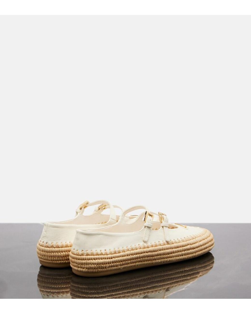Prada Leather And Raffia Mary Jane Flats in Natural | Lyst UK