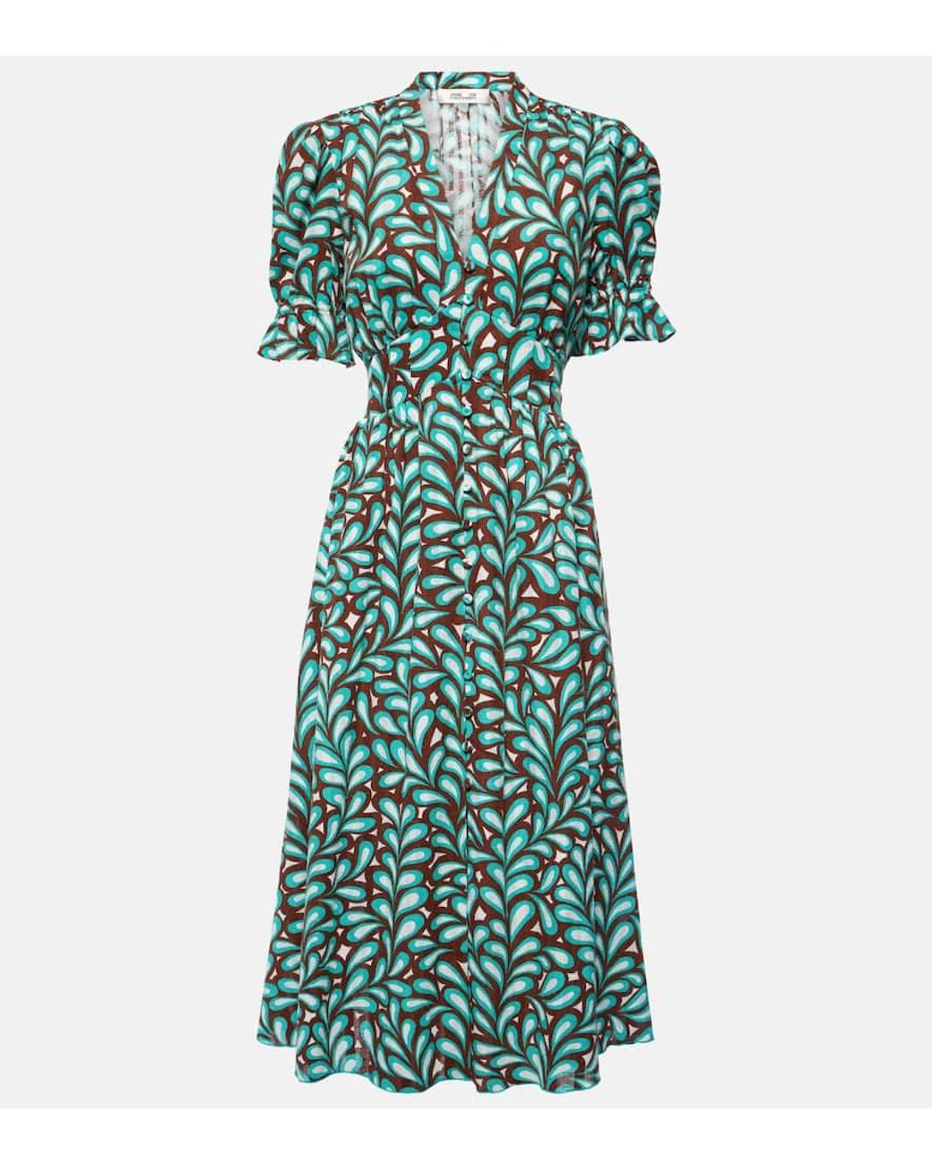 Diane von Furstenberg Erica Printed Cotton Midi Dress in Green