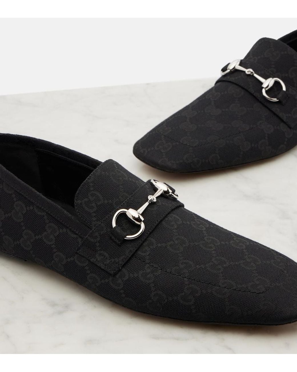 Gucci Black Horsebit Gg Canvas Loafers