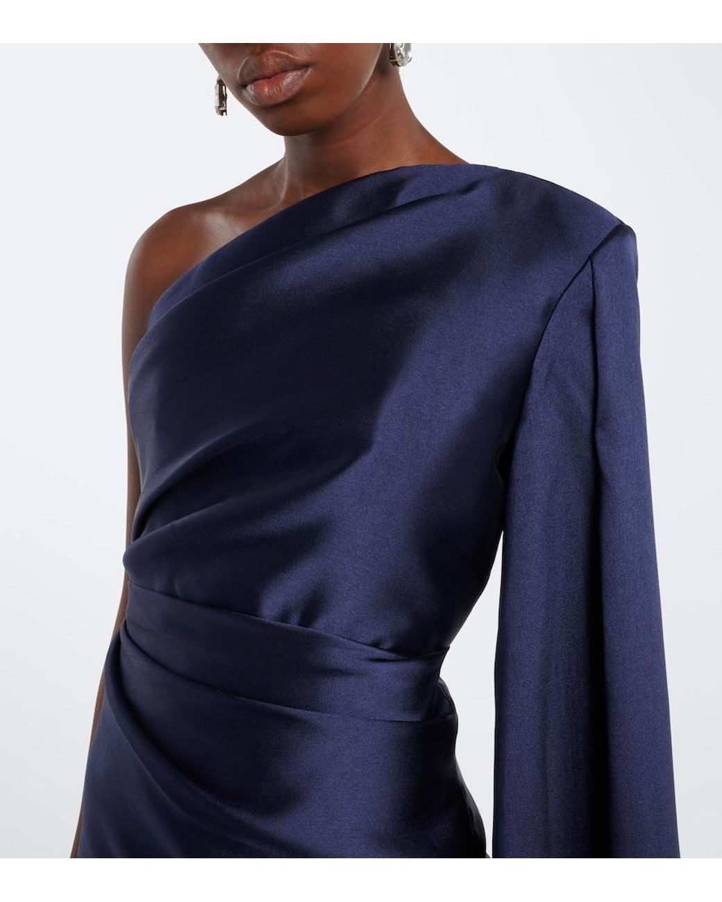 Solace London Blue Veya Pleated One-Shoulder Satin Gown