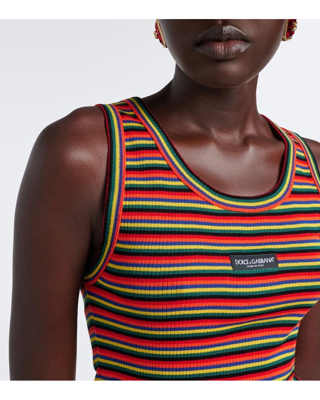 Dolce & Gabbana Red Knitted Striped Cotton Tank Top