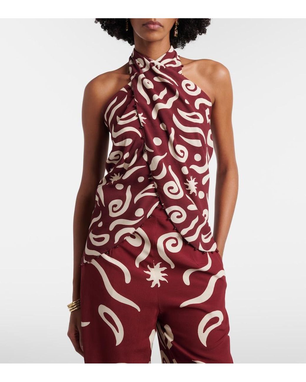 Cala De La Cruz Red Zauma Beaded Printed Top
