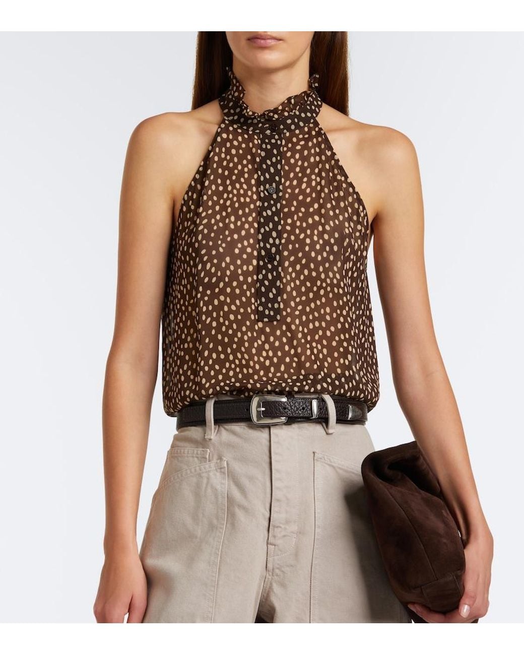 Nili Lotan Brown Daniella Polka-Dot Halterneck Silk Top