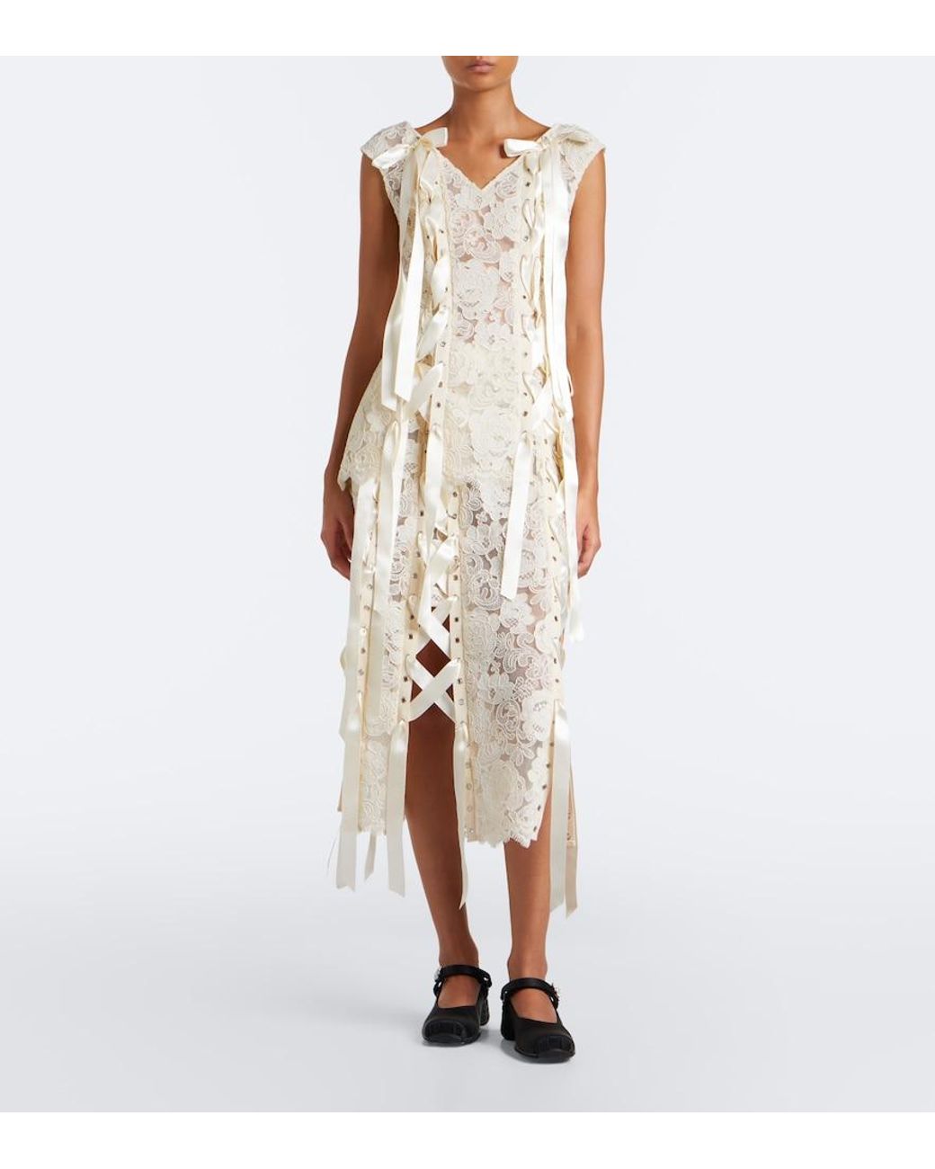 Simone Rocha Natural Unraveling Bow-Detail Lace Midi Skirt