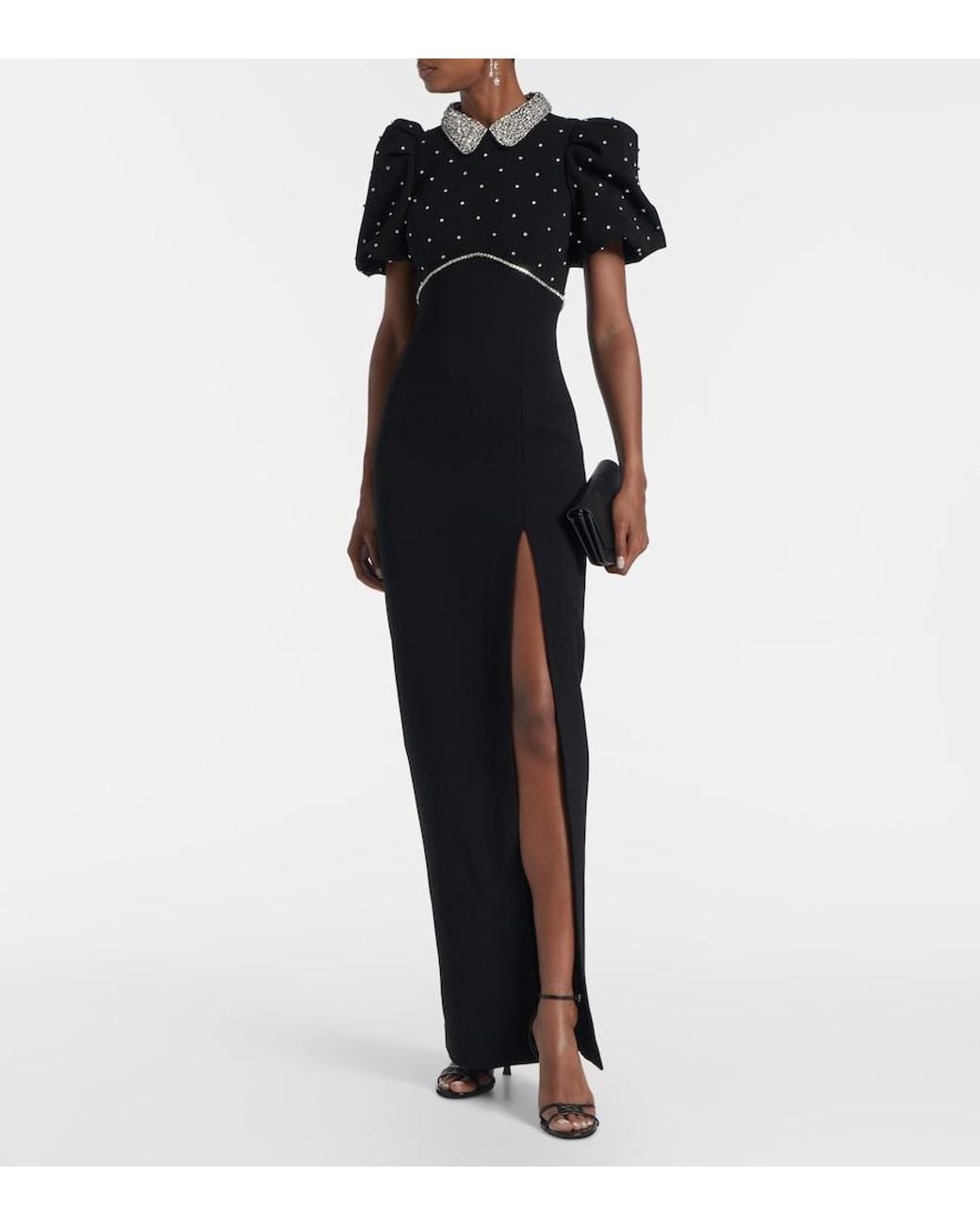 Rebecca Vallance Black Amery Embellished Puff-Sleeve Gown