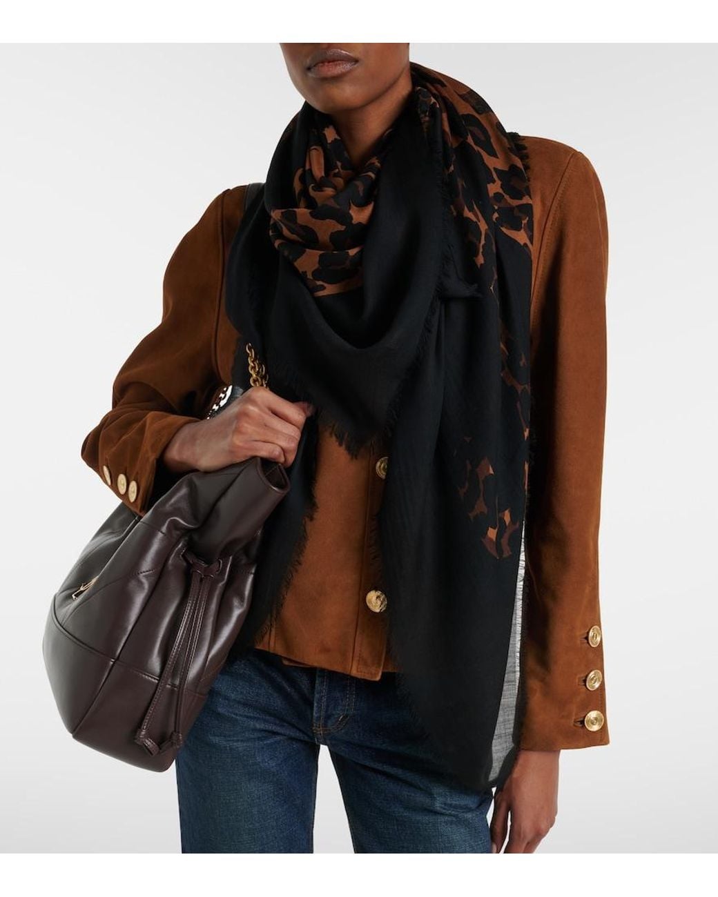 Saint Laurent Black Fringed Leopard-Print Wool Scarf