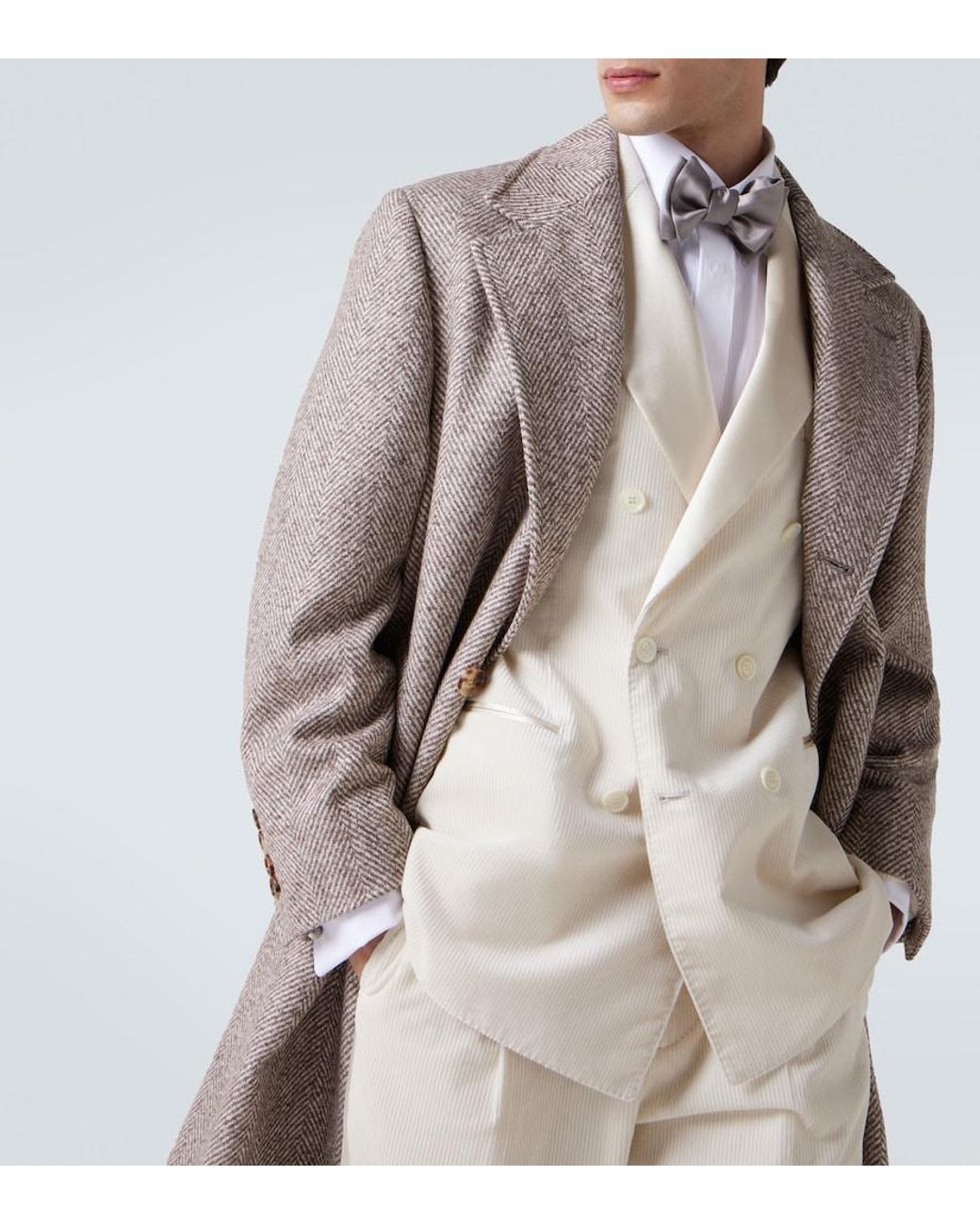 Brunello Cucinelli Brown Herringbone Wool And Alpaca-Blend Overcoat for men