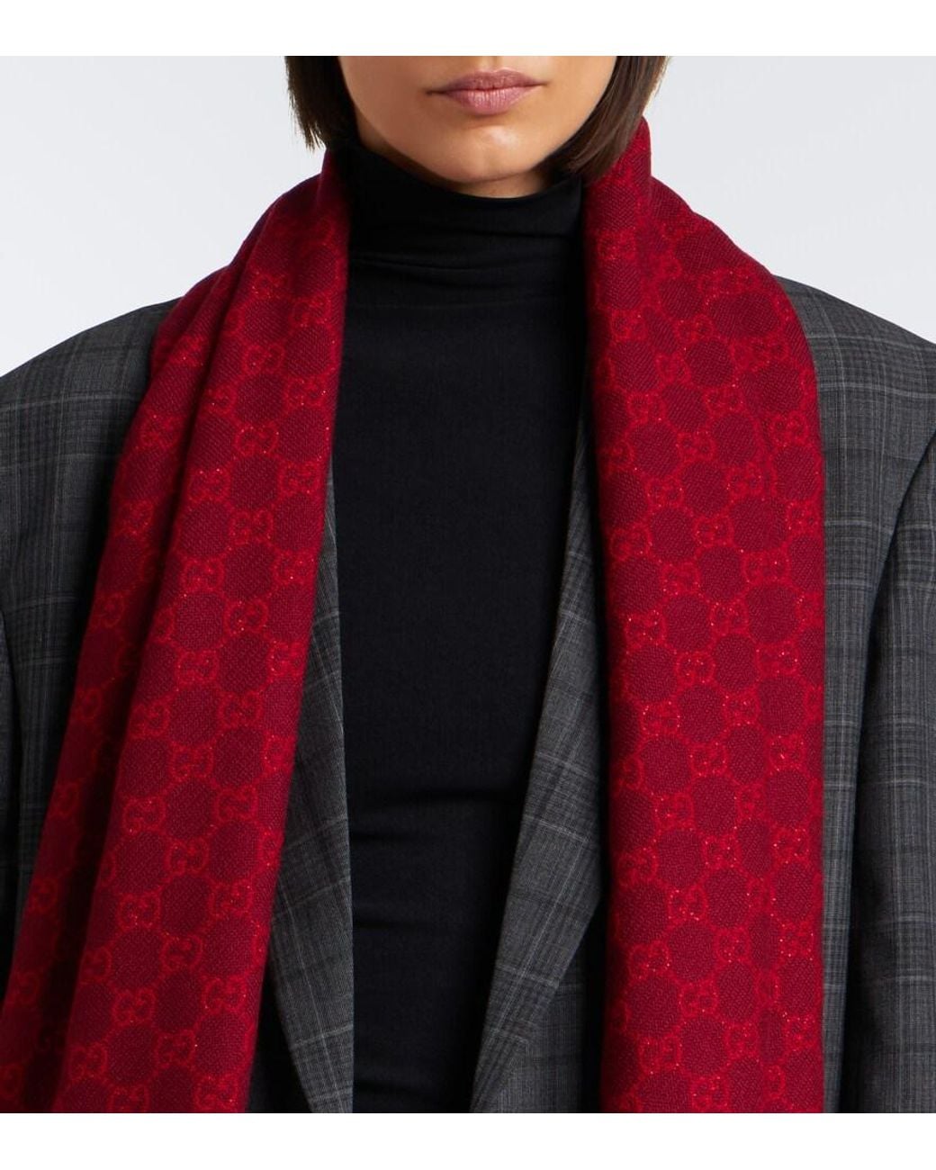 Gucci Red Gg Jacquard Wool-Blend Lame Scarf