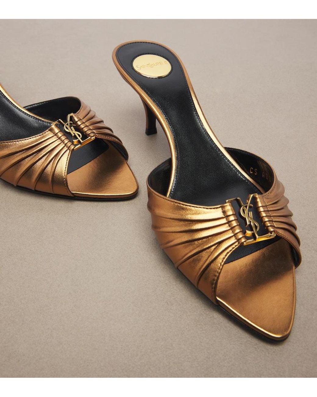 Saint Laurent Brown Babylone Cassandre Metallic Leather Mules