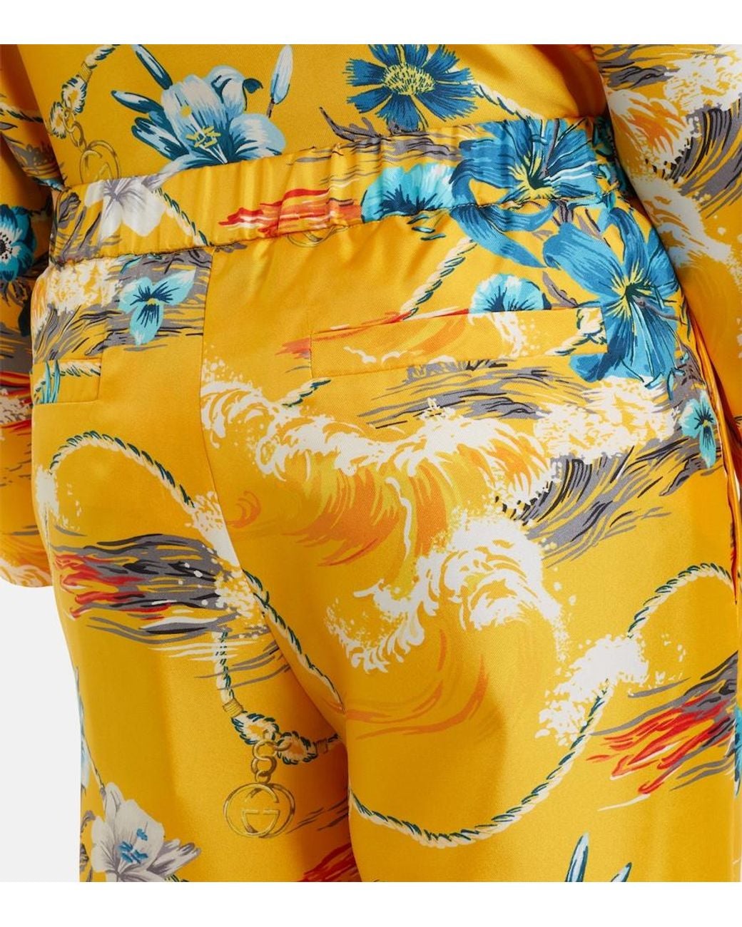 Gucci Yellow Floral Silk Twill Wide-Leg Pants