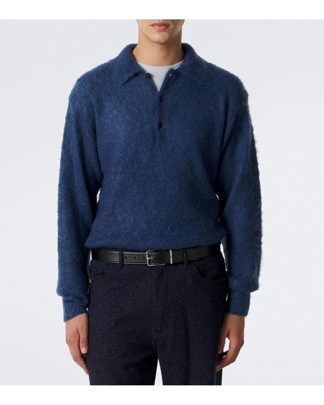 Auralee Blue Mohair And Wool Polo Sweater for men