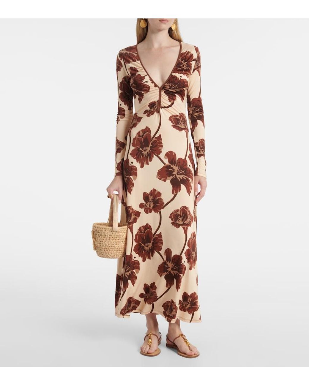 Johanna Ortiz Brown Floral Jersey Midi Dress