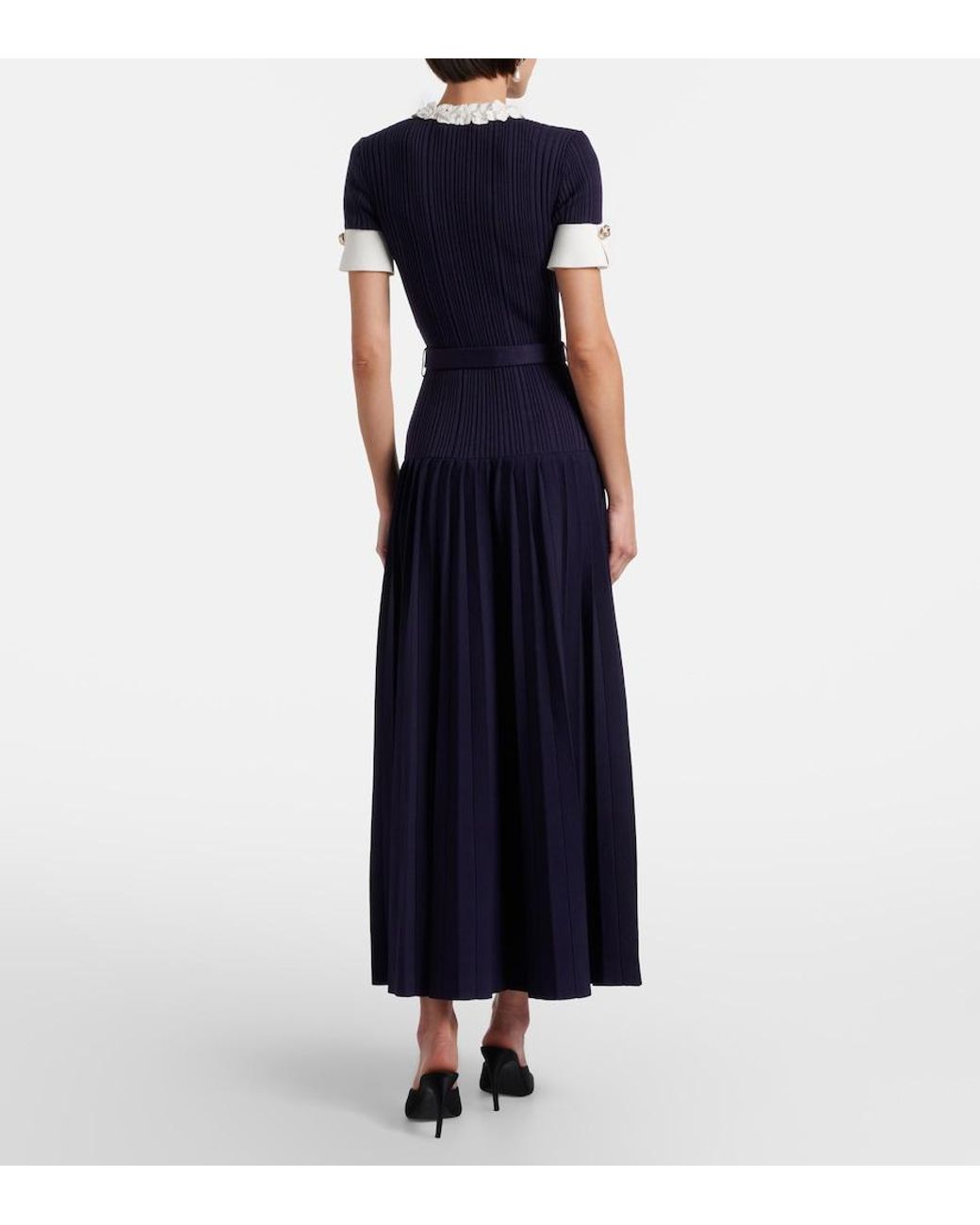Self-Portrait Blue Belted Ribbed-Knit Midi Dress