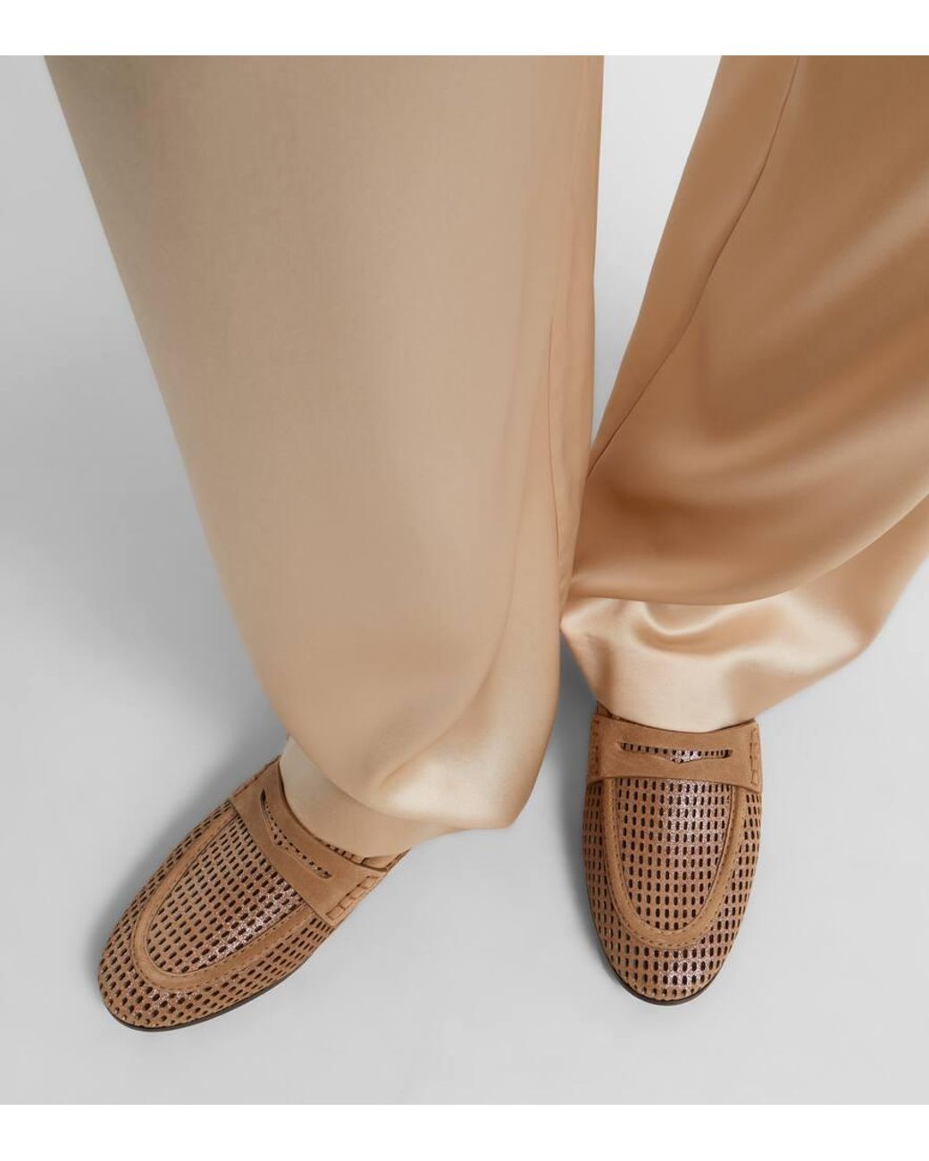 Brunello Cucinelli Brown Perforated Suede-Trimmed Leather Penny Loafers