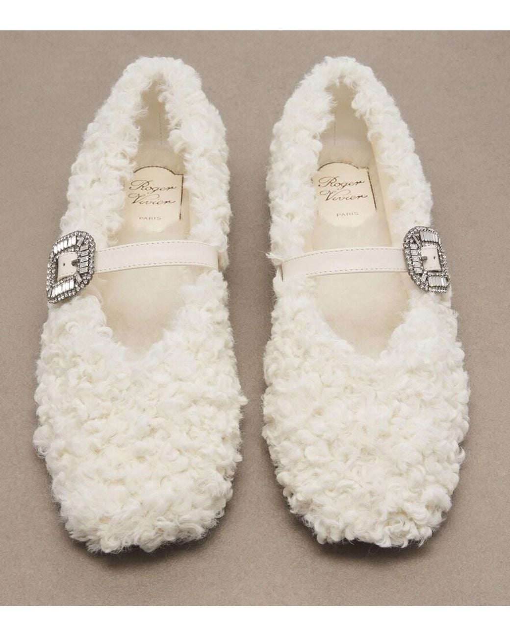 Roger Vivier White Pilgrim Strass Shearling Mary Jane Flats