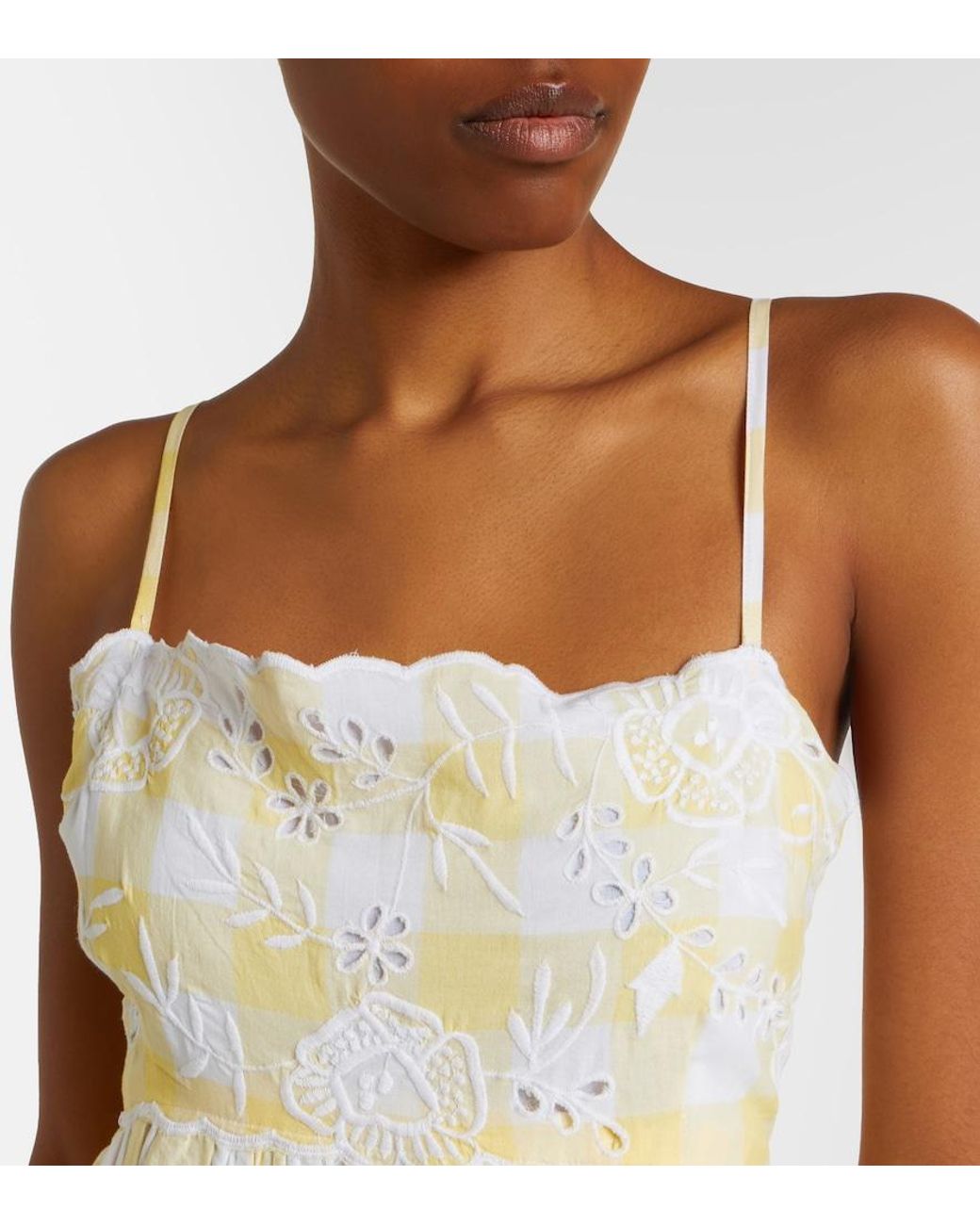Juliet Dunn White Embroidered Checked Cotton Midi Dress
