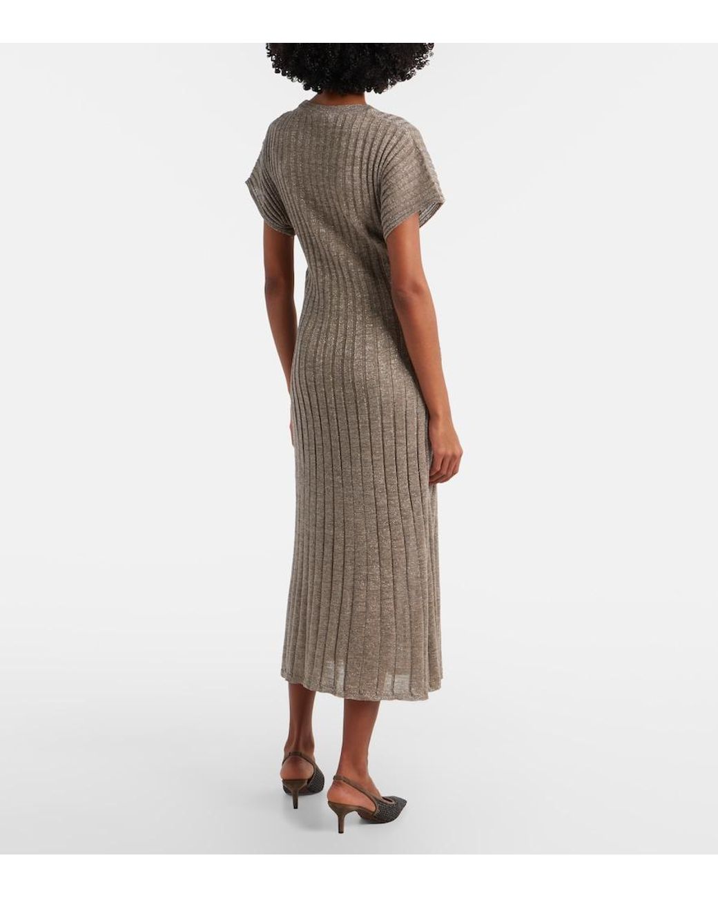 Brunello Cucinelli Natural Ribbed-Knit Lame Midi Dress