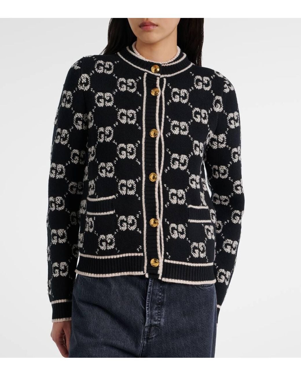 Gucci Black Cardigan Aus Wollbouclé Mit Gg Jacquard, Grösse