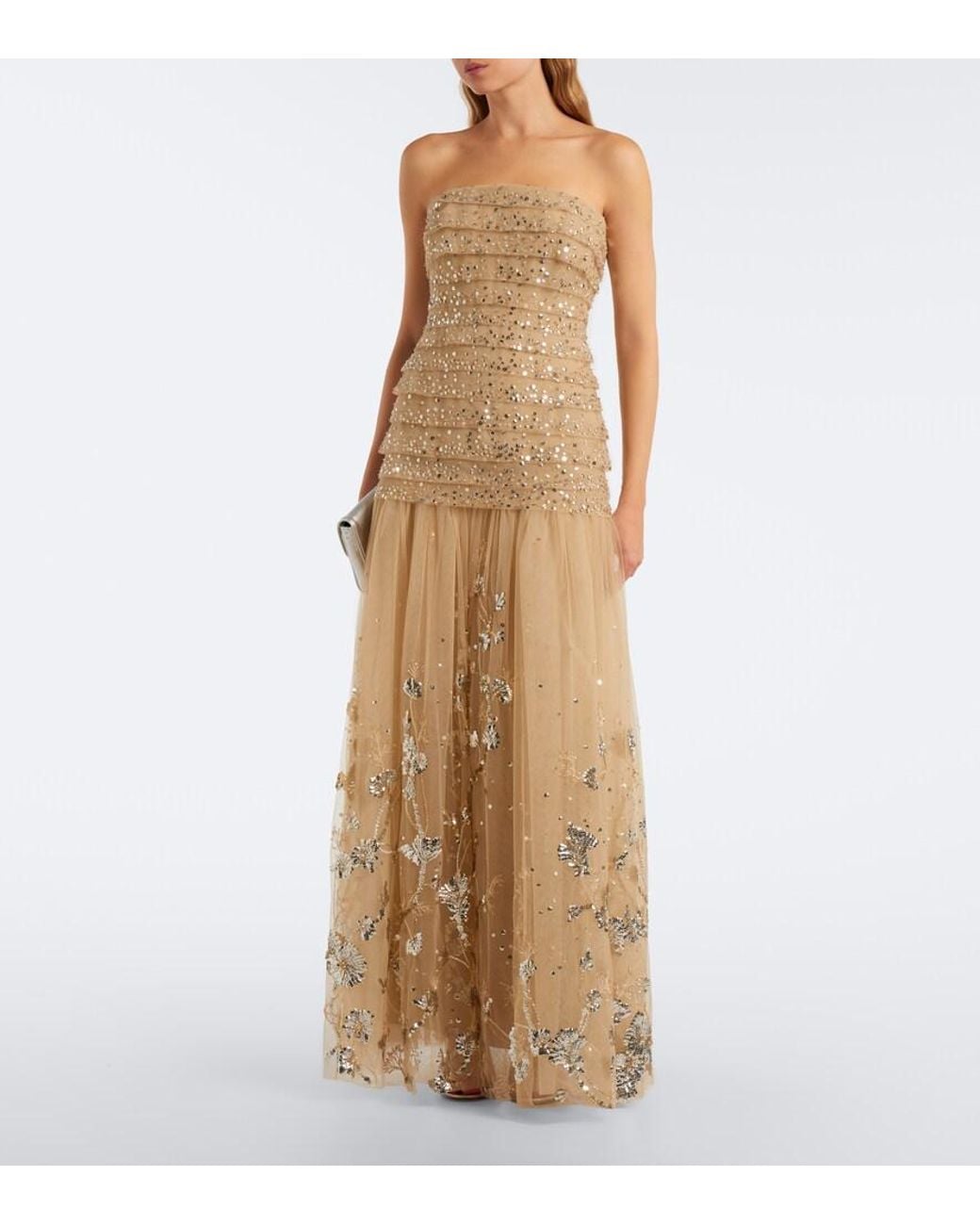 Georges Hobeika Natural Sequined Tiered Tulle Bustier Gown