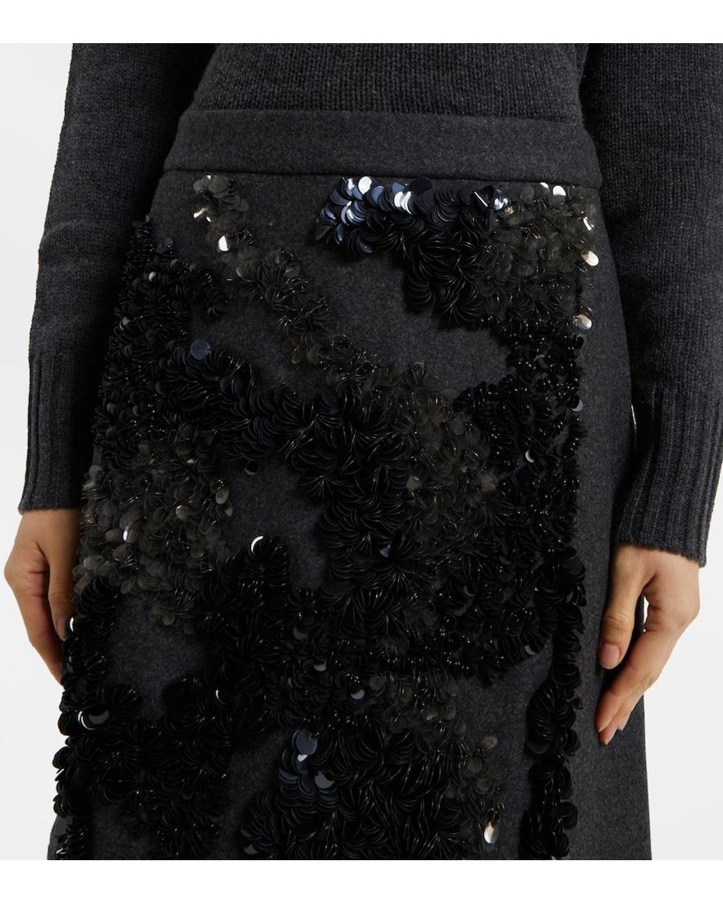 Plan C Black Sequined Wool-Blend Midi Skirt