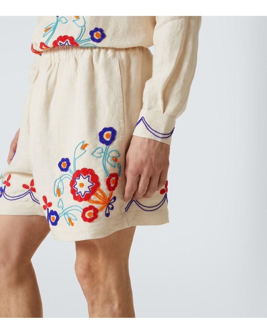 Bode White Garden Party Beaded Linen Bermuda Shorts for men