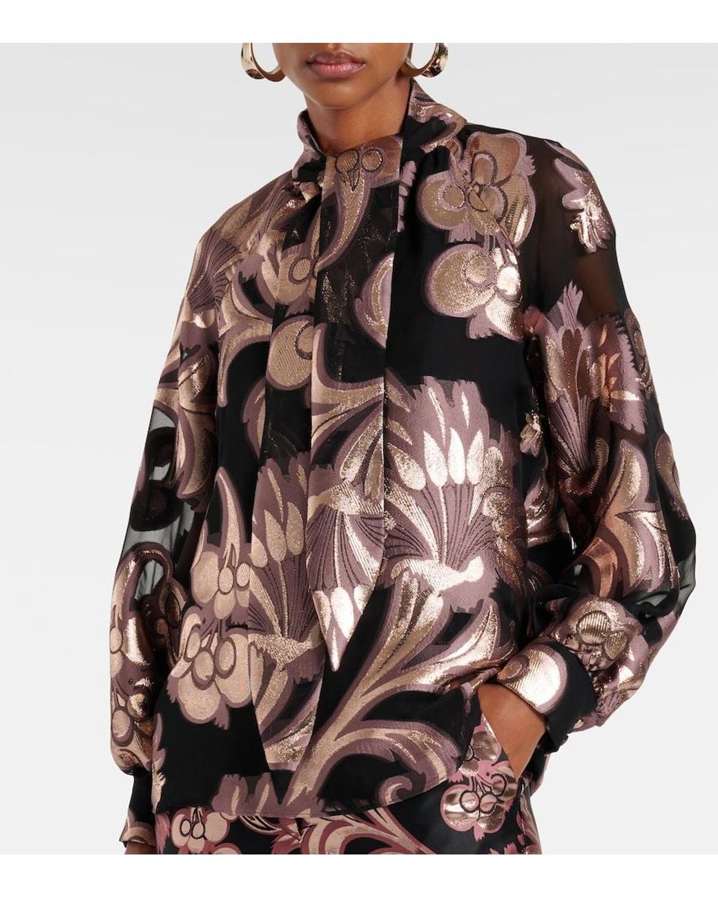 Etro Brown Semi-Sheer Tie-Neck Lame Blouse