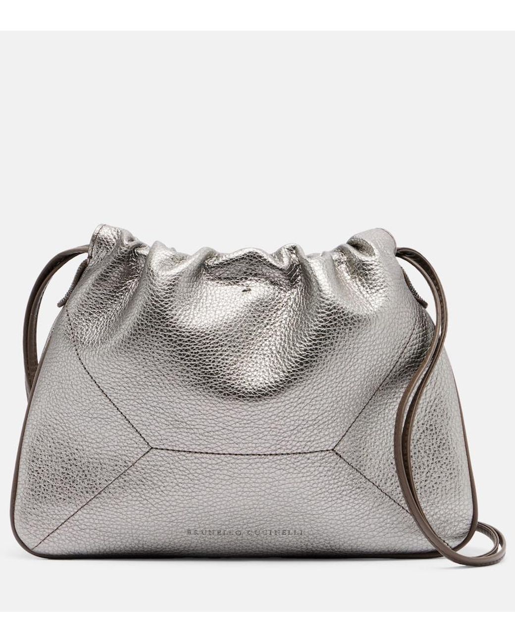 Brunello Cucinelli Gray Monili Small Metallic Leather Crossbody Bag
