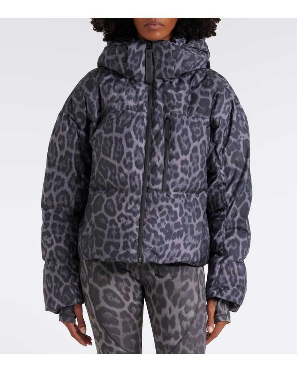 Adidas By Stella McCartney Gray Hooded Leopard-Print Puffer Jacket