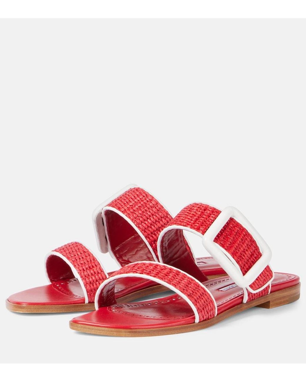 Manolo Blahnik Red Tituba Leather-Trimmed Raffia Sandals