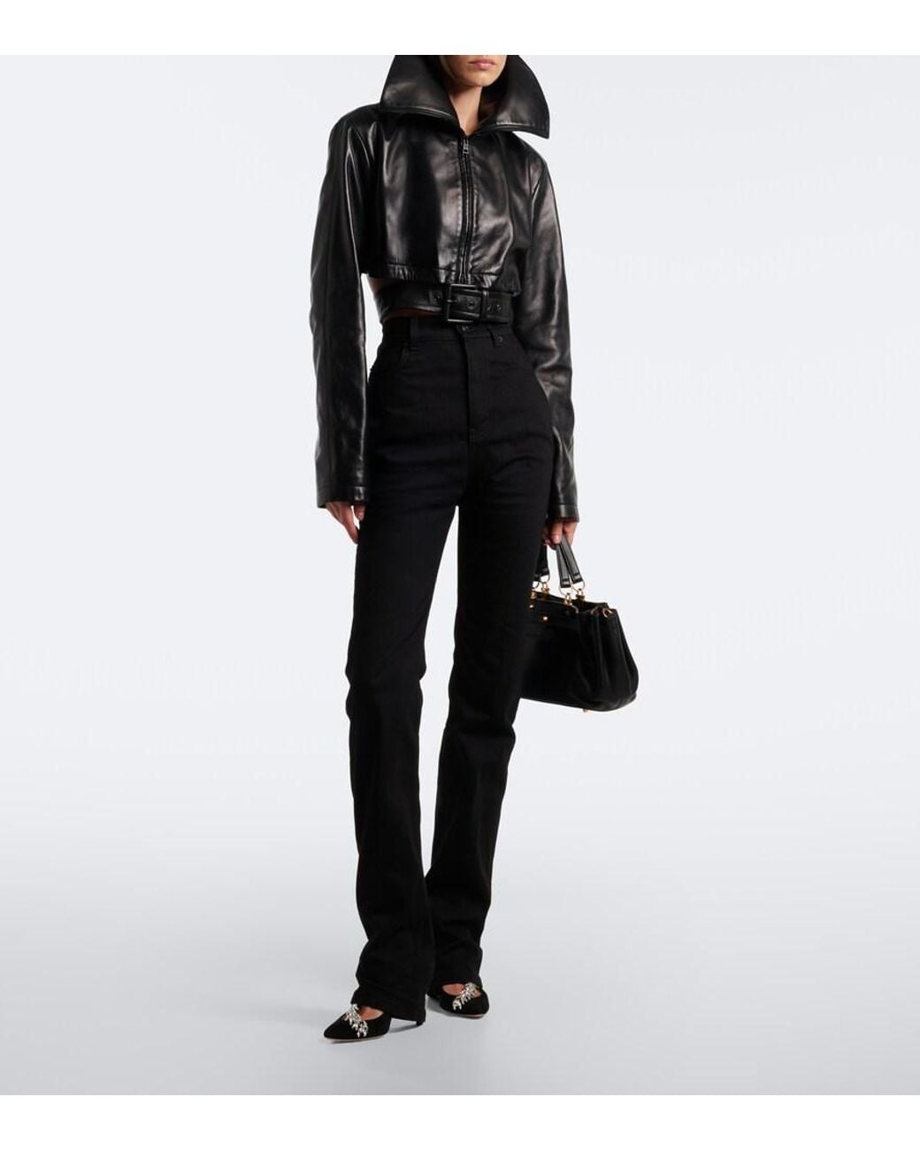 Balenciaga Black Belted Cropped Leather Jacket