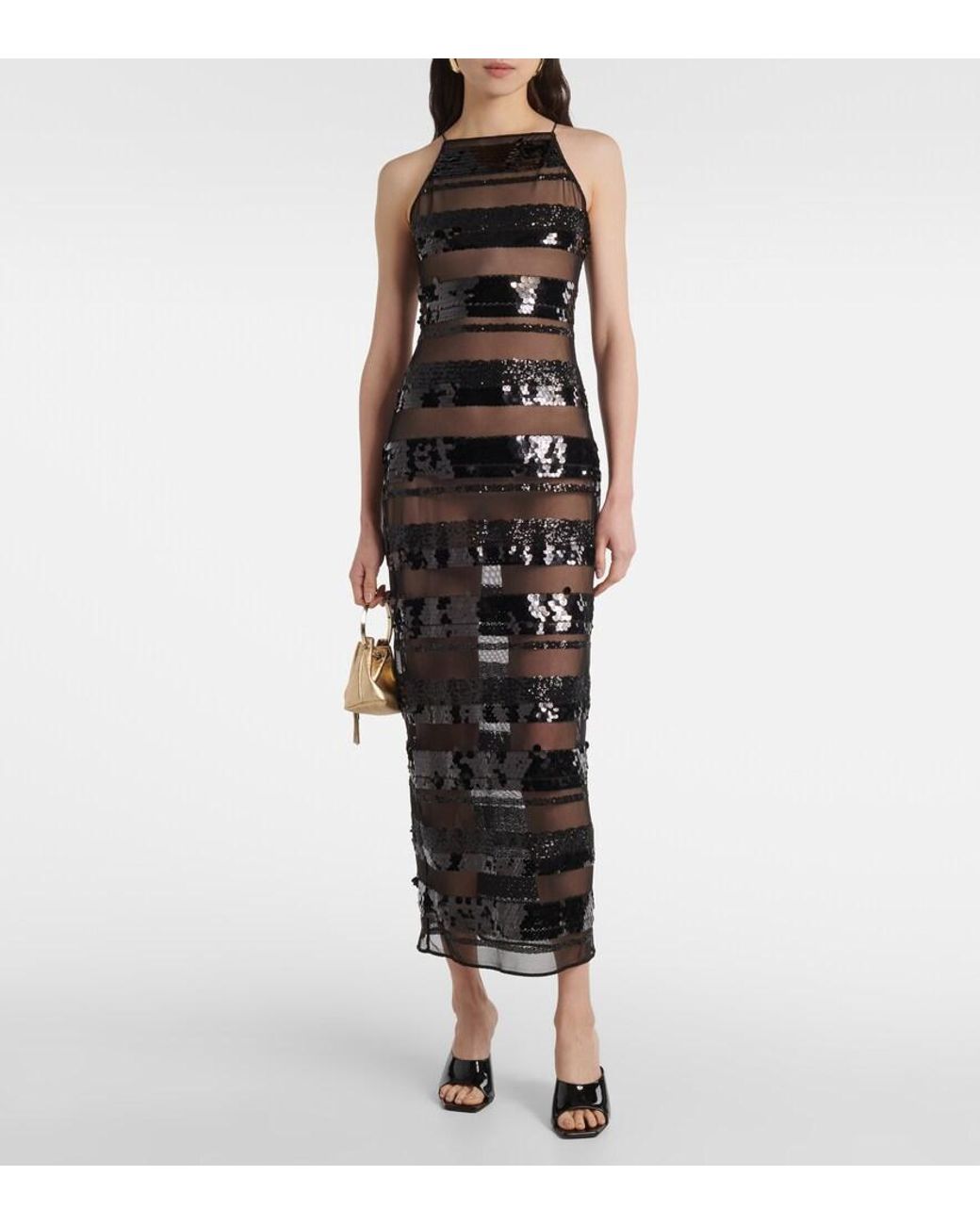 Robe Longue A Rayures Et Paillettes Oseree en coloris Black