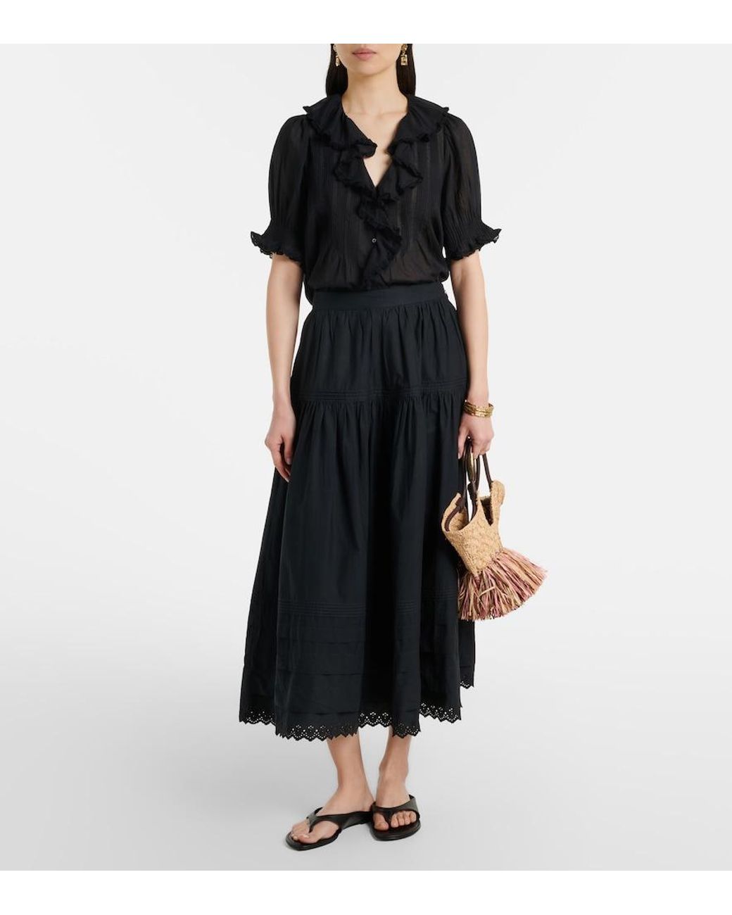 Doen Black Sebastiane Cotton Poplin Midi Skirt