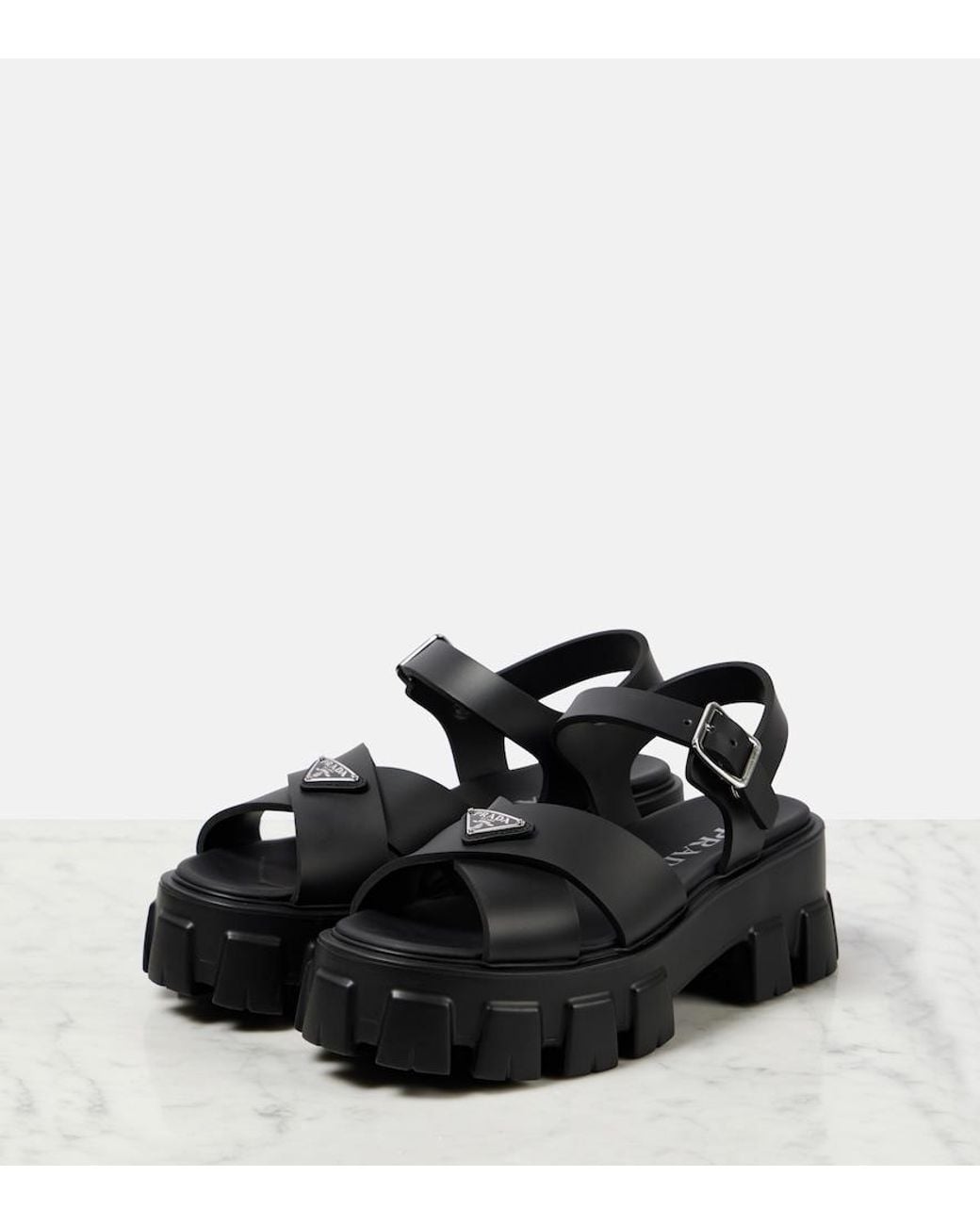 Prada Black Monolith Logo-Plaque Rubber Heeled Sandals