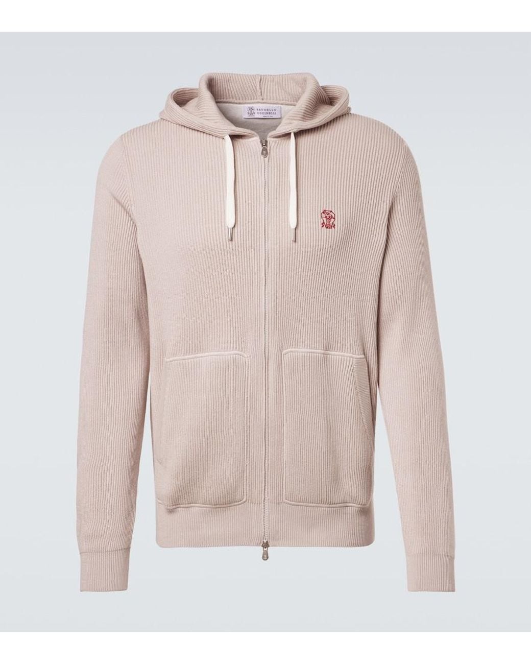 Brunello Cucinelli Pink Logo Ribbed-Knit Cotton Zip-Up Hoodie for men
