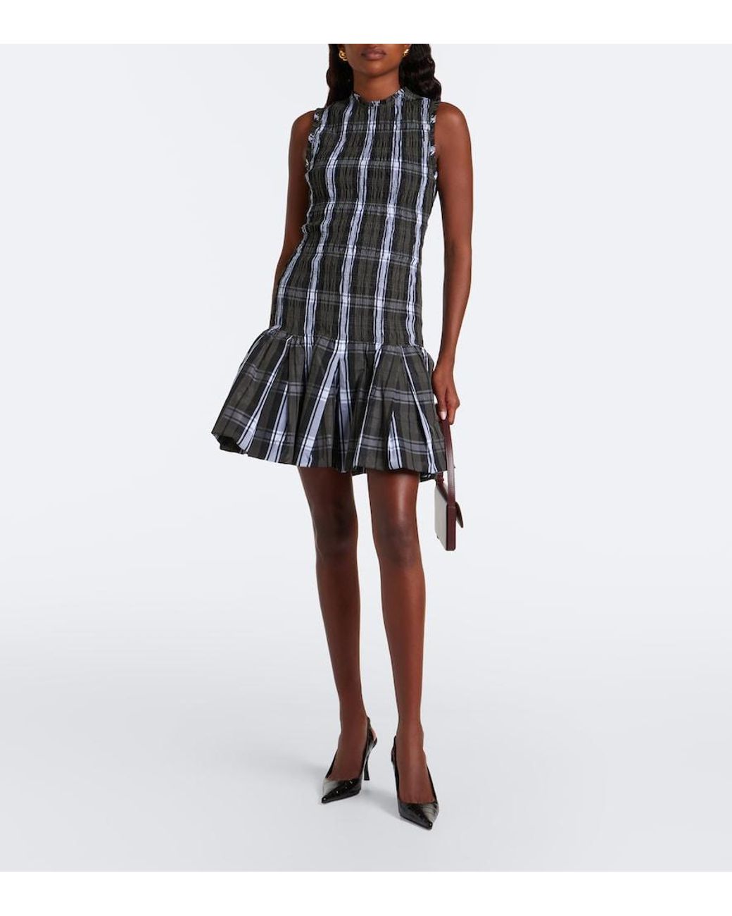 Patou Black Checked Shirred Minidress