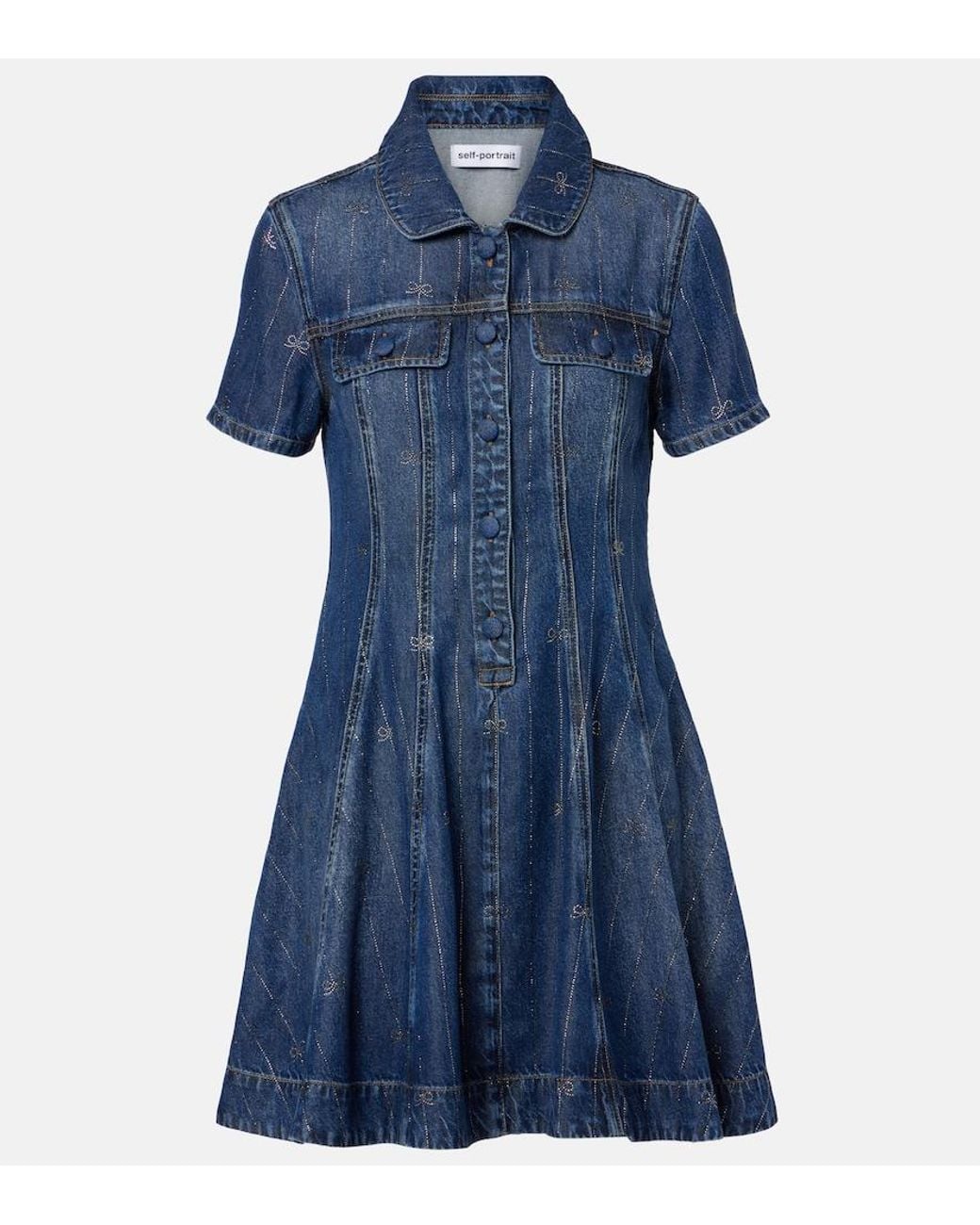 Self-Portrait Blue Embellished Pleated Denim Minidress