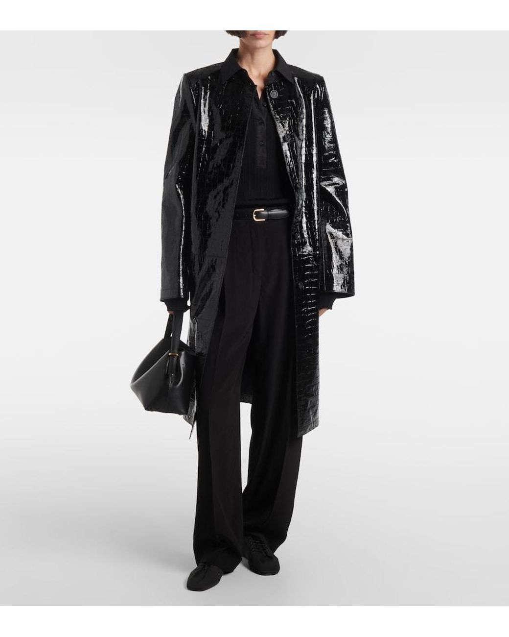 Totême Black Croc-Effect Embossed Leather Coat