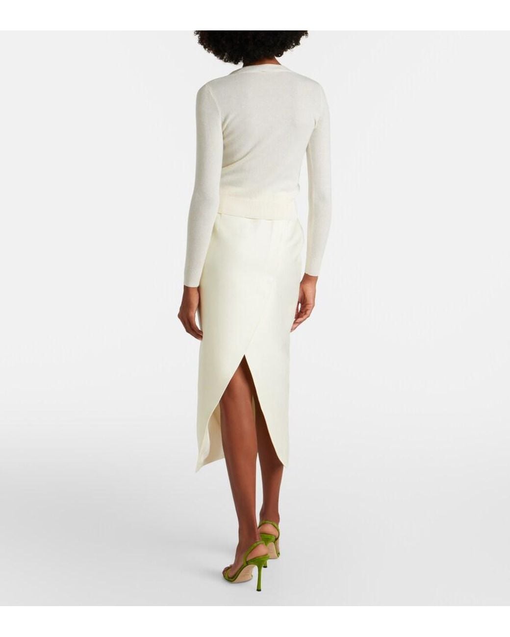 LEO LIN Natural Quinn Embellished Wool And Silk Midi Skirt