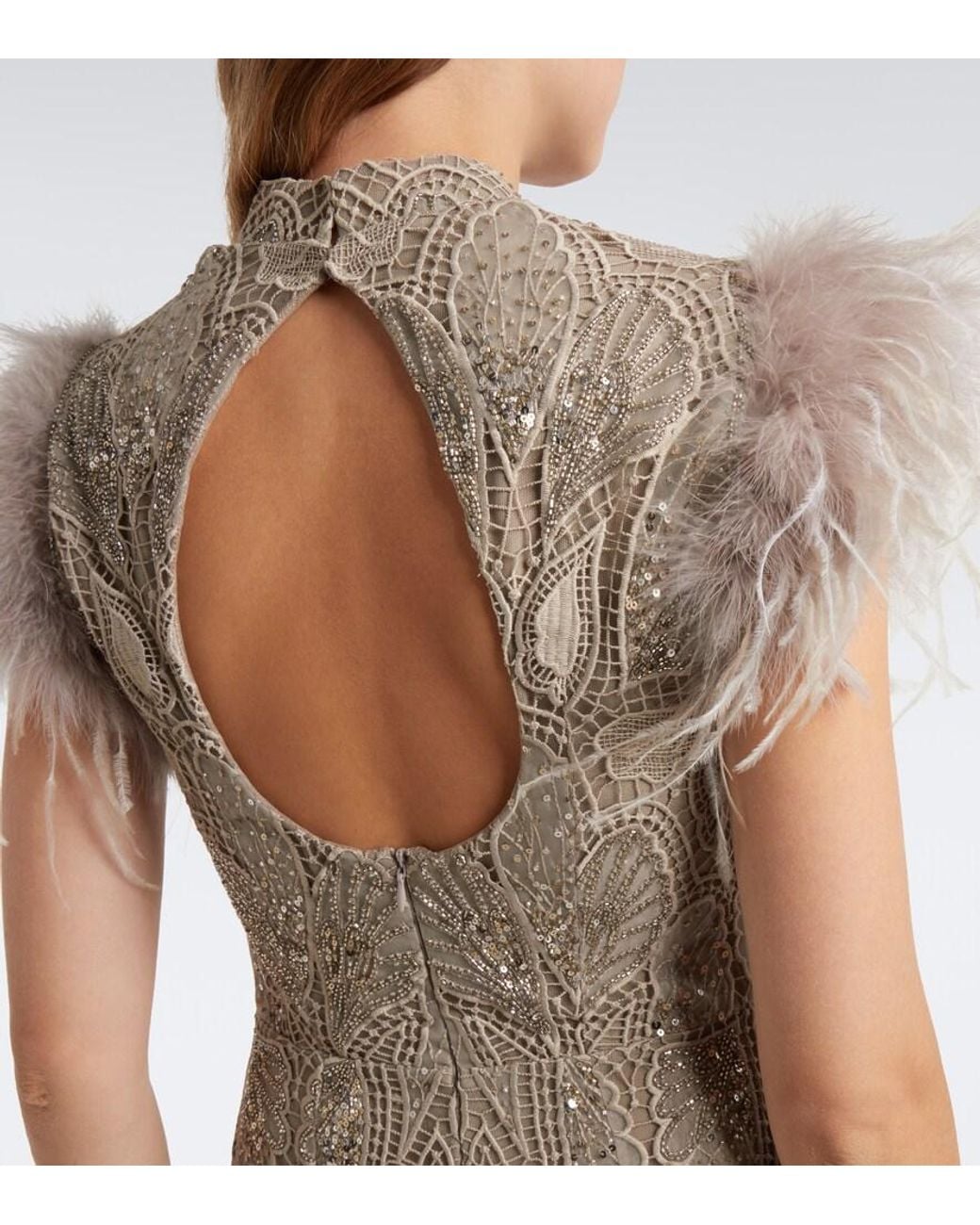 Georges Hobeika Natural Embellished Guipure Lace Gown